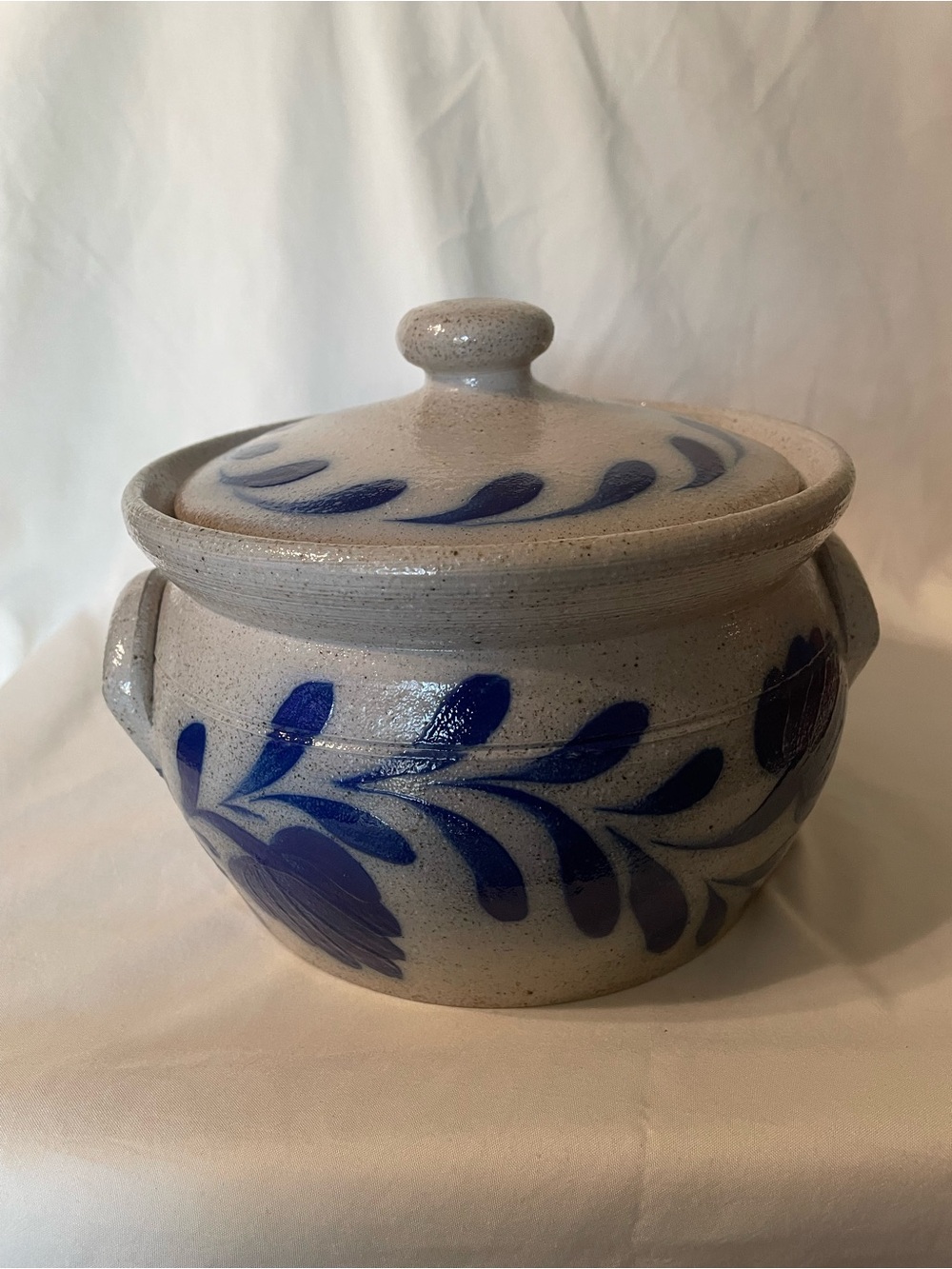 Vintage 1995 Salmon Falls CasseroleHand-Painted Blue Floral Stoneware Covered